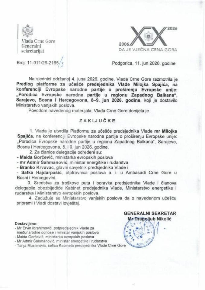 Predlog platforme za učešće predsjednika Vlade Milojka Spajića na konferenciji Evropske narodne partije o proširenju Evropske unije: „Porodica Evropske narodne partije u regionu Zapadnog Balkana”, Sarajevo, Bosna i Hercegovina, 8-9. jun 2026. godine - Zaključci