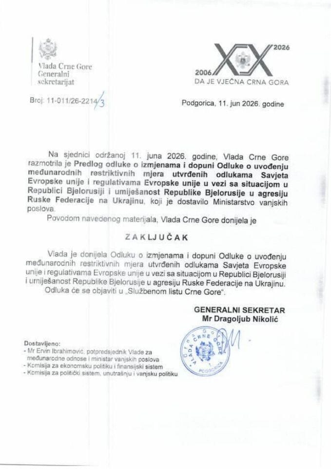 Predlog odluke o izmjenama i dopuni Odluke o uvođenju međunarodnih restriktivnih mjera utvrđenih odlukama Savjeta EU i regulativama EU u vezi sa situacijom u Bjelorusiji i umiješanost Bjelorusije u agresiju RF na Ukrajinu - Zaključci