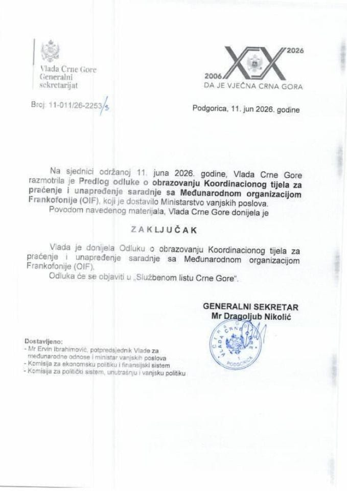 Предлог одлуке о образовању Координационог тијела за праћење и унапређење сарадње са Међународном организацијом Франкофоније (OIF) -Закључци