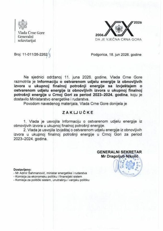 Informacija o ostvarenom udjelu energije iz obnovljivih izvora u ukupnoj finalnoj potrošnji energije sa Izvještajem o ostvarenom udjelu energije iz obnovljivih izvora u ukupnoj finalnoj potrošnji energije u CG za period 2023–2024. godina - Zaključci