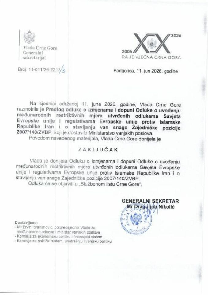 Predlog odluke o izmjenama i dopuni Odluke o uvođenju međunarodnih restriktivnih mjera utvrđenih odlukama Savjeta Evropske unije i regulativama Evropske unije protiv Islamske Republike Iran - Zaključci