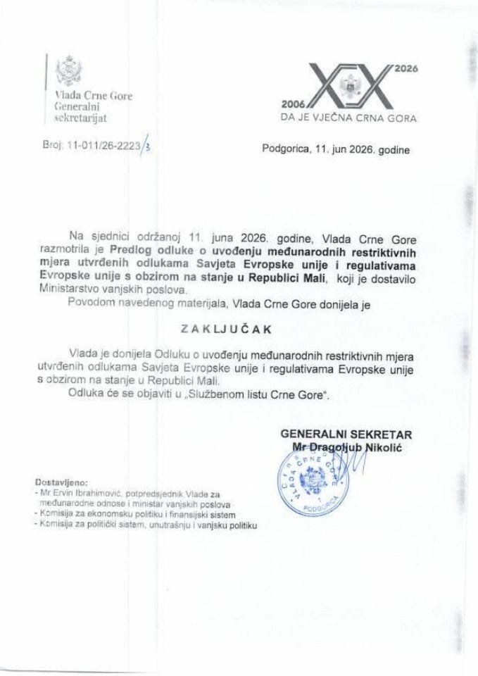 Predlog odluke o uvođenju međunarodnih restriktivnih mjera utvrđenih odlukama Savjeta Evropske unije i regulativama Evropske unije s obzirom na stanje u Republici Mali - Zaključci