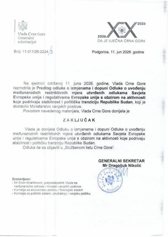 Predlog odluke o izmjenama i dopuni Odluke o uvođenju međunarodnih restriktivnih mjera utvrđenih odlukama Savjeta EU i regulativama Evropske unije s obzirom na aktivnosti koje podrivaju stabilnost i političku tranziciju Republike Sudan - Zaključci