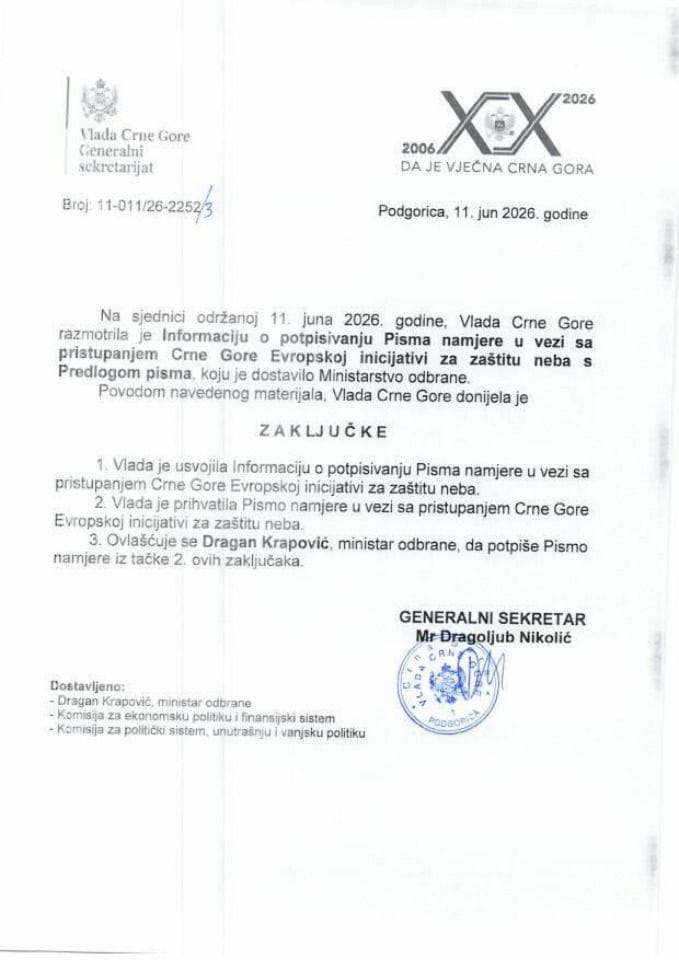 Informacija o potpisivanju Pisma namjere u vezi sa pristupanjem Crne Gore Evropskoj inicijativi za zaštitu neba s Predlogom pisma - Zaključci