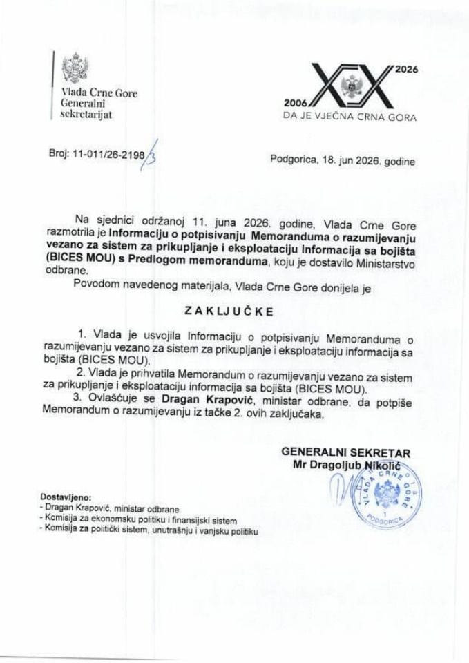Informacija o potpisivanju Memoranduma o razumijevanju vezano za sistem za prikupljanje i eksploataciju informacija sa bojišta (BICES MOU) s Predlogom memoranduma - Zaključci