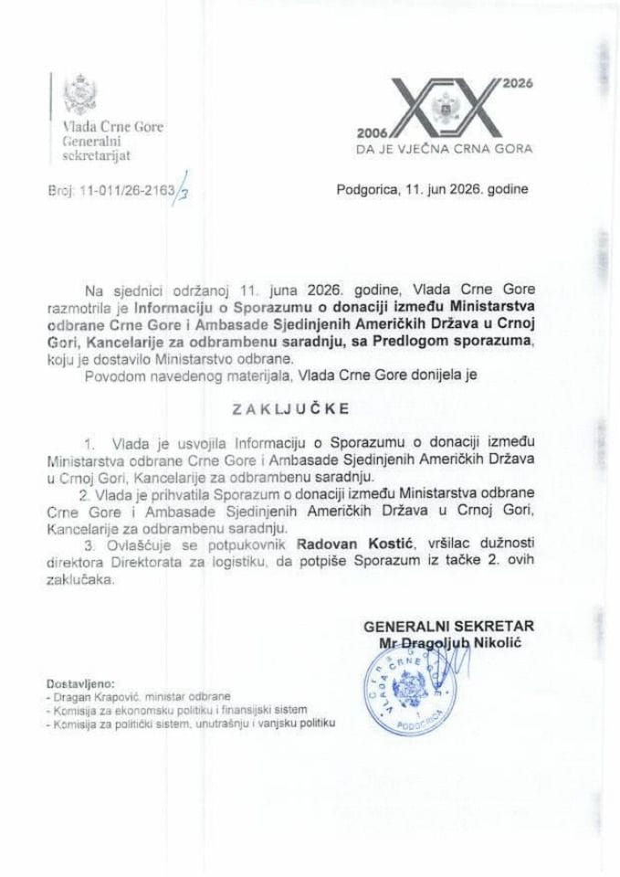 Informacija o Sporazumu o donaciji između Ministarstva odbrane Crne Gore i Ambasade Sjedinjenih Američkih Država u Crnoj Gori, Kancelarije za odbrambenu saradnju s Predlogom sporazuma  -Zaključci