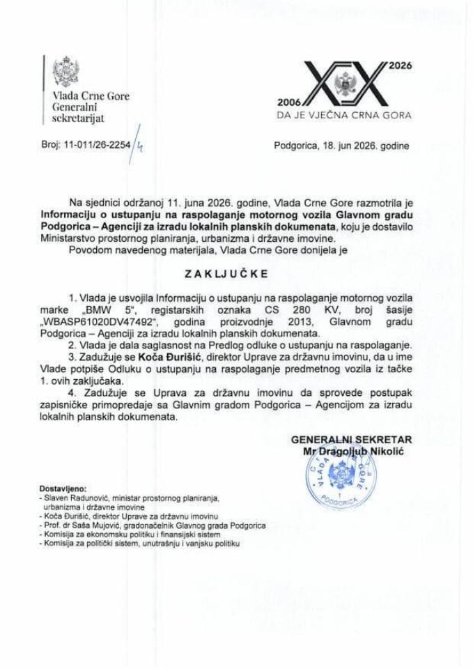 Informacija o ustupanju na raspolaganje motornog vozila Glavnom gradu Podgorica - Agenciji za izradu lokalnih planskih dokumenata - Zaključci