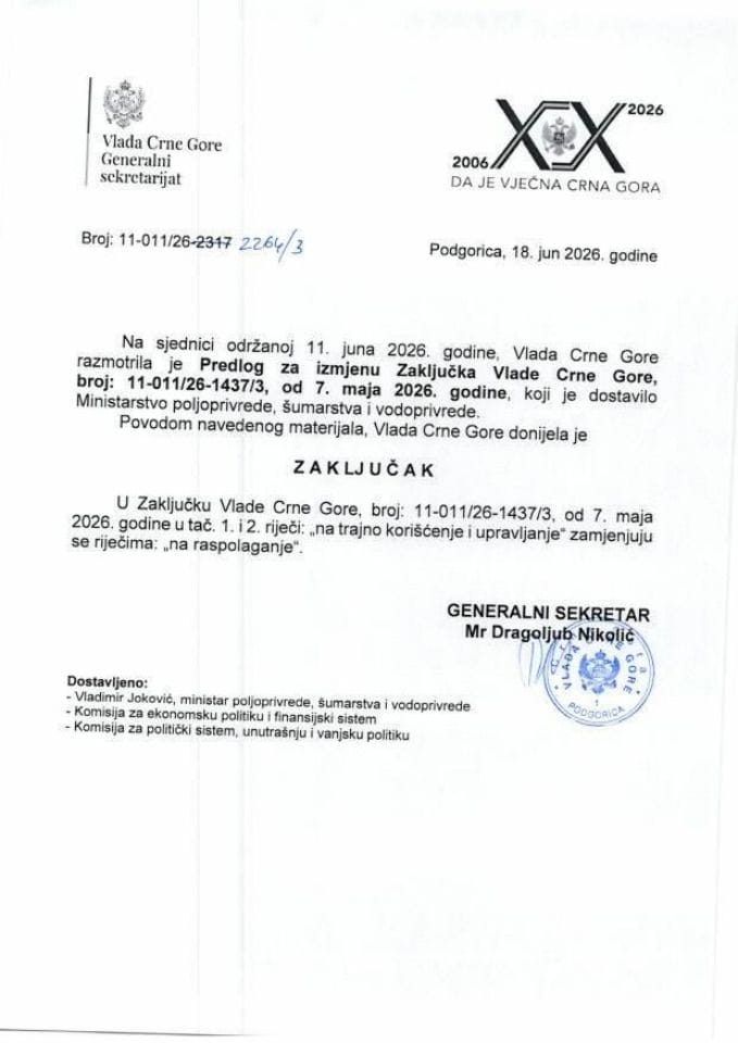 Predlog za izmjenu Zaključka Vlade Crne Gore, broj: 11-011/26-1437/3, od 7. maja 2026. godine -Zaključci