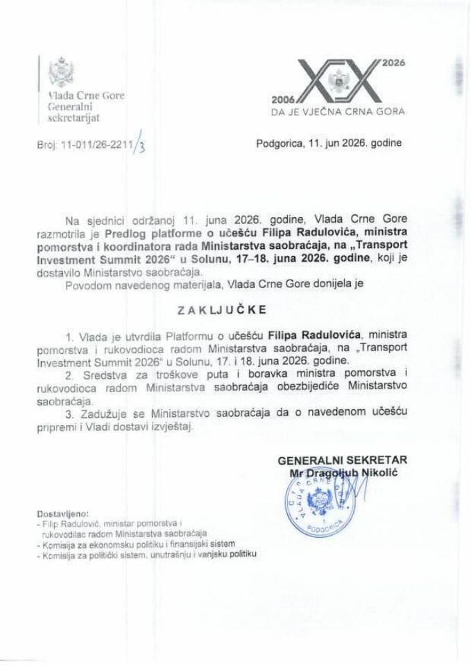 Predlog platforme o učešću Filipa Radulovića, ministra pomorstva i koordinatora rada Ministarstva saobraćaja na „Transport Investment Summit 2026“ u Solunu, od 17-18. juna 2026. godine - Zaključci