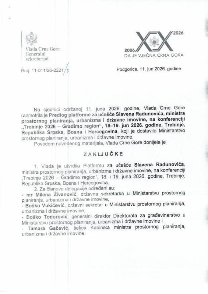 Predlog platforme za učešće Slavena Radunovića, ministra prostornog planiranja, urbanizma i državne imovine, na konferenciji „Tebinje 2026 - Gradimo region“, 18 - 19. jun 2026. godine, Trebinje, Republika Srpska, Bosna i Hercegovina - Zaključci