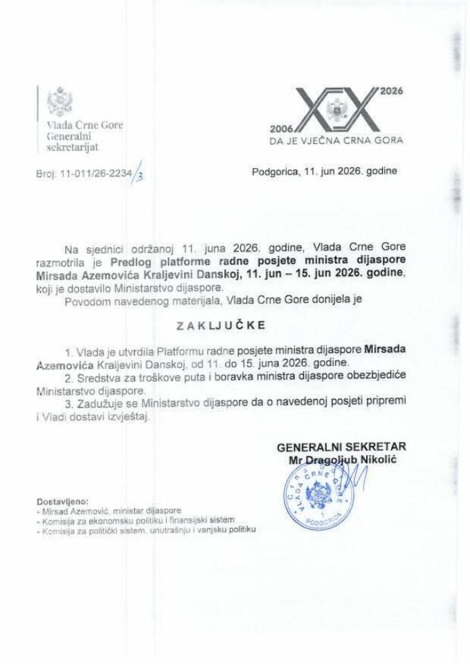 Предлог платформе радне посјете министра дијаспоре Мирсада Аземовића Краљевини Данској, 11. јун - 15. јун 2026. године - Закључци