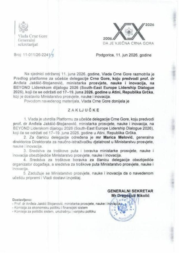 Predlog platforme za učešće delegacije Crne Gore, koju predvodi prof. dr Anđela Jakšić-Stojanović, ministarka prosvjete, nauke i inovacija, na BEYOND Liderskom dijalogu 2026 u Atini, Republika Grčka - Zaključci