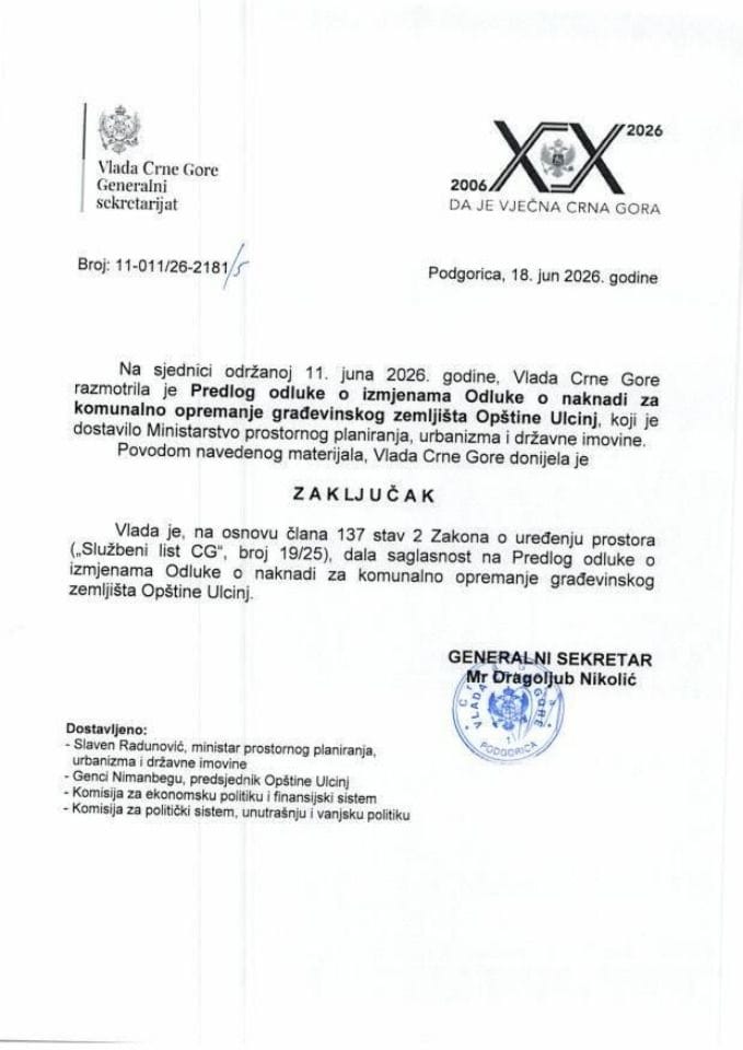 Predlog odluke o izmjenama Odluke o naknadi za komunalno opremanje građevinskog zemljišta Opštine Ulcinj - Zaključci