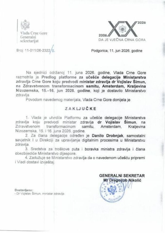 Предлог платформе за учешће делегације Министарства здравља Црне Горе коју предводи министар здравља др Војислав Шимун, на Здравственом трансформационом самиту, Амстердам, Краљевина Низоземска, 15-16.јун 2026. - Закључци