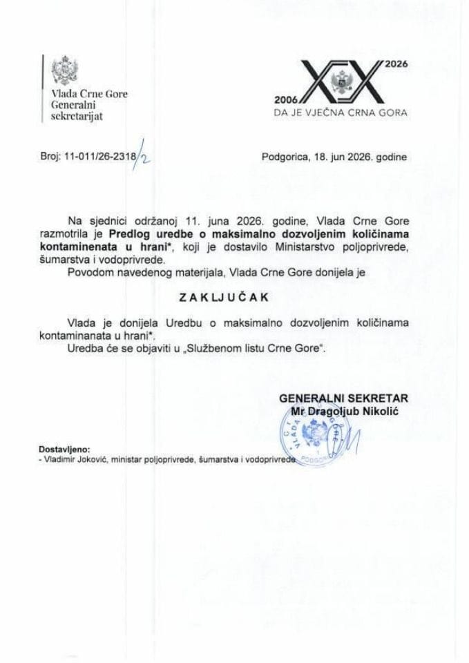 Predlog uredbe o maksimalno dozvoljenim količinama kontaminenata u hrani* - Zaključci