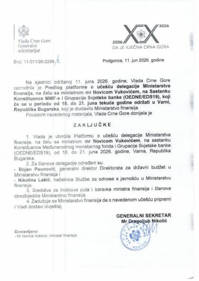Predlog platforme o učešću delegacije Ministarstva finansija, na čelu sa ministrom mr Novicom Vukovićem, na sastanku Kostituence Međunarodnog Monetarnog Fonda i Grupacije Svjetske banke (OEDNE/EDS19) - Zaključci