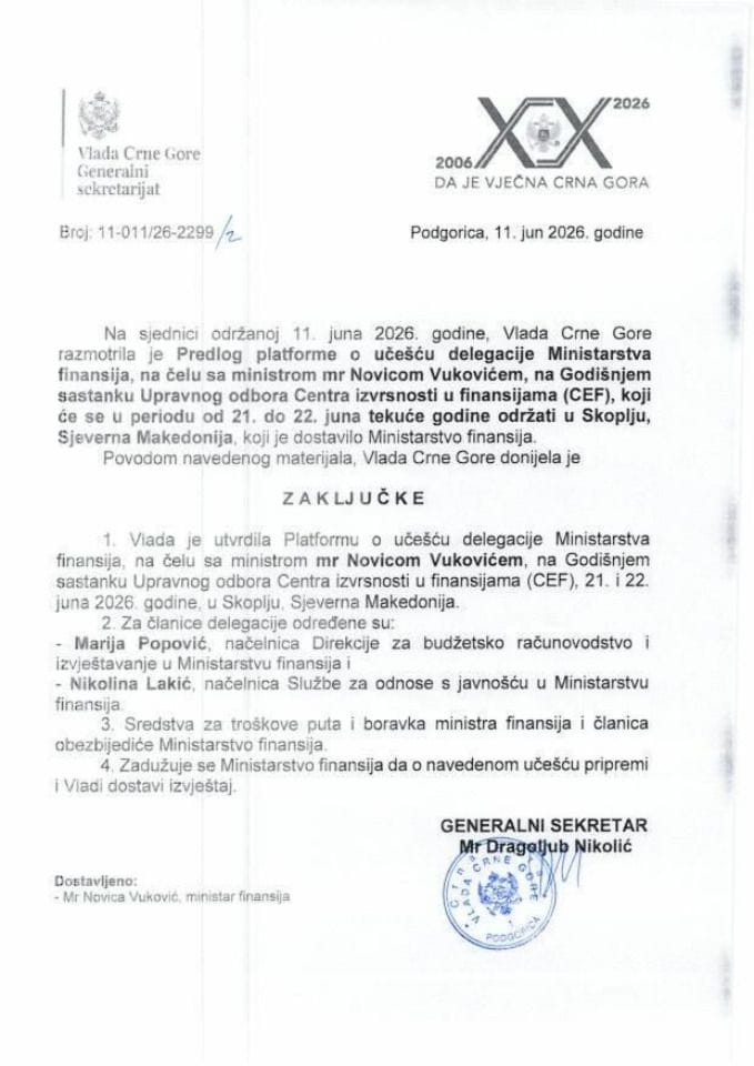 Predlog platforme o učešću delegacije Ministarstva finansija, na čelu sa ministrom mr Novicom Vukovićem, na Godišnjem sastanku Upravnog odbora centra izvrsnosti u finansijama (CEF) - Zaključci