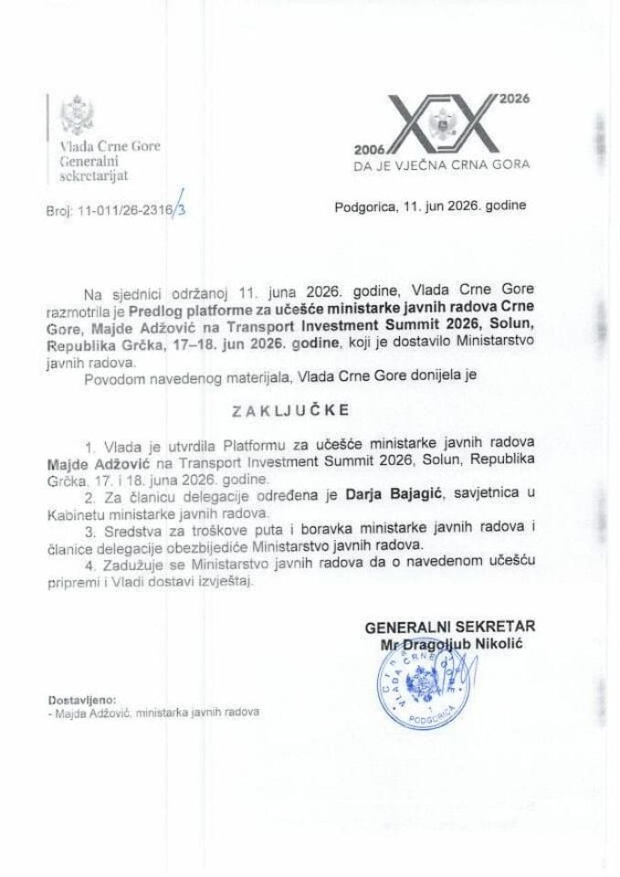 Predlog platforme za učešće ministarke javnih radova Crne Gore Majde Adžović na Transport Investment Summit 2026, Solun, Republika Grčka, 17-18. jun 2026. godine - Zaključci