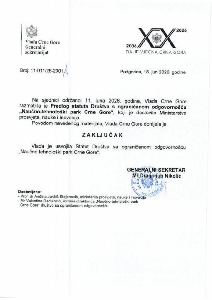 Predlog statuta Društva s ograničenom odgovornošću „Naučno-tehnološki park Crne Gore“ - Zaključci