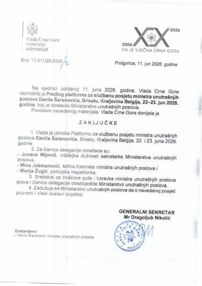 Predlog platforme za posjetu ministra unutrašnjih poslova Danila Šaranovića Briselu, 22-23. jun 2026. godine - Zaključci