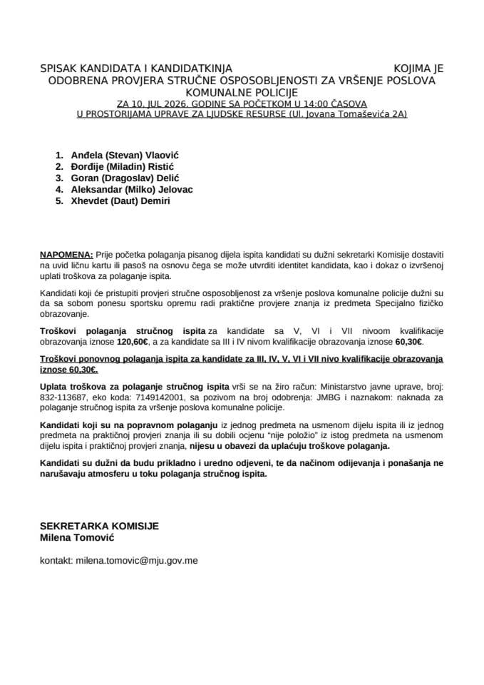 Spisak kandidata 10. jul  2026. -komunalna policija