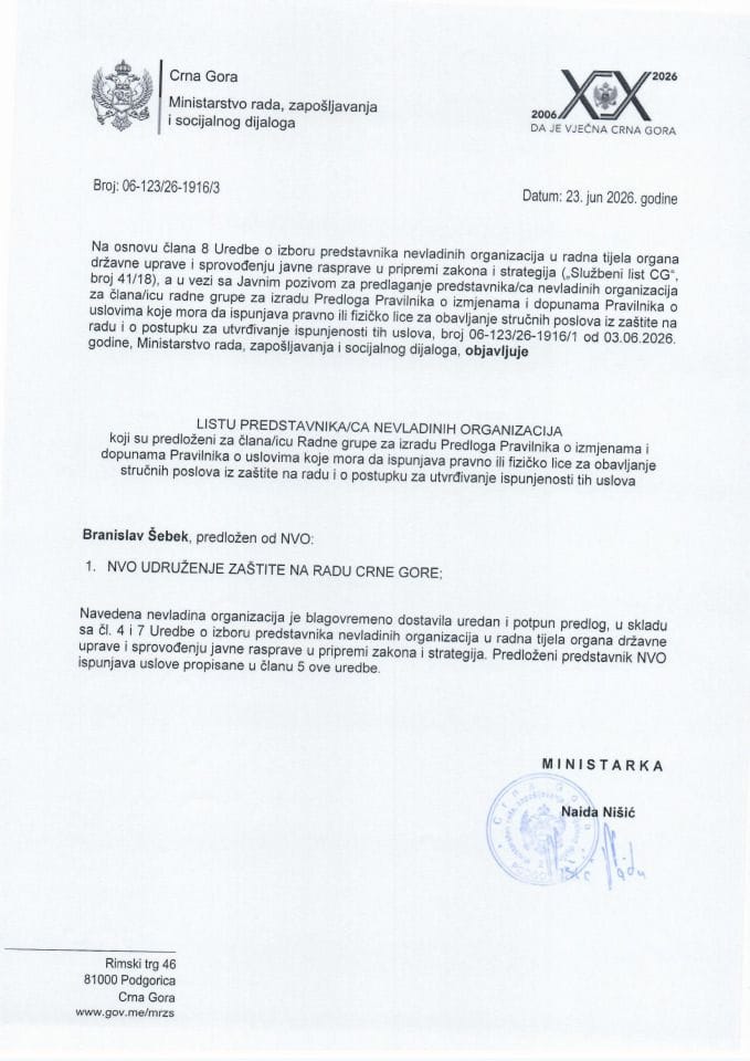 Lista predstavnika NVO za obavljanje stručnih poslova iz zaštite na radu