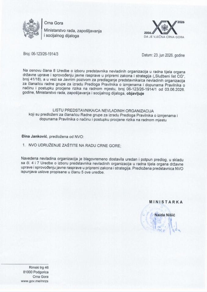 Objava liste predstavnika NVO o načinu i postupku porcjene rizika na radnom mjestu