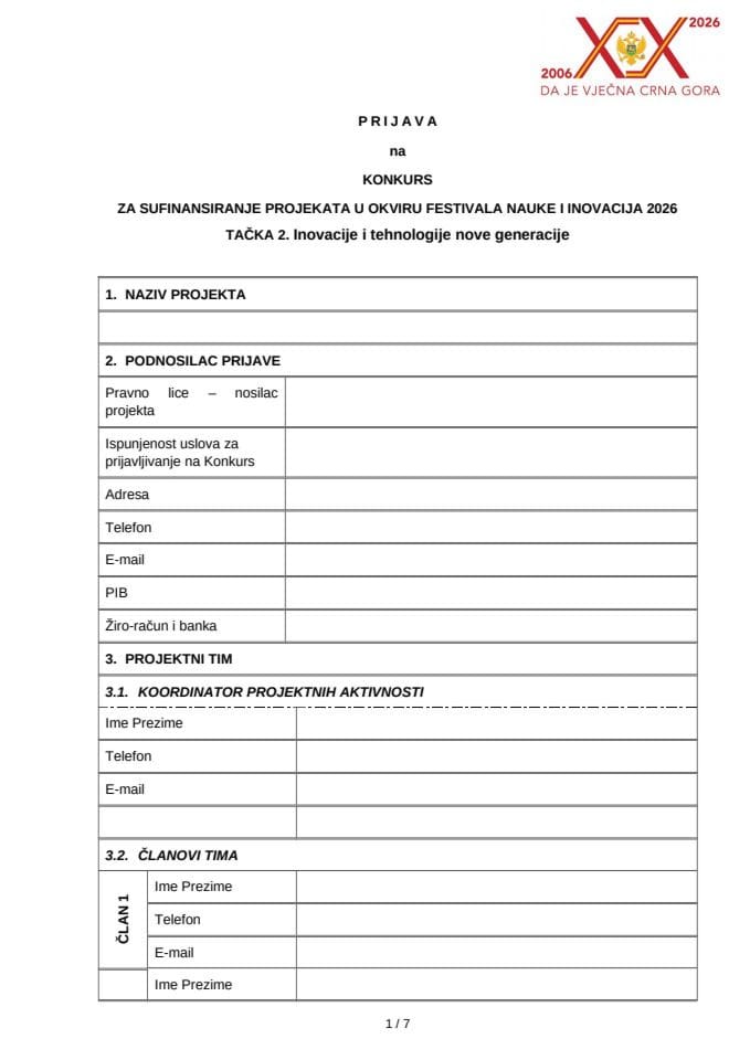 Prijavni obrazac za segment Inovacije i tehnologije nove generacije