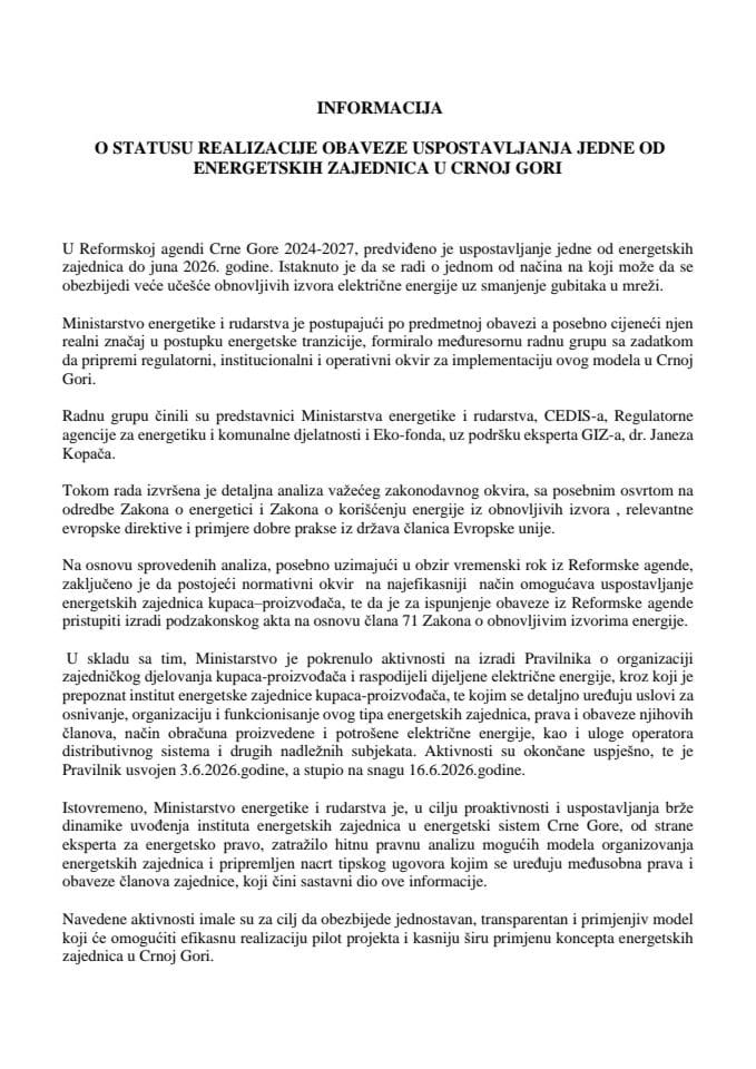Informacija o statusu realizacije obaveze uspostavljanja jedne od energetskih zajednica u Crnoj Gori