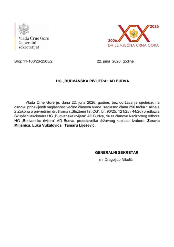 Predlog za izbor članova Nadzornog odbora HG „Budvanska rivijera“ AD Budva