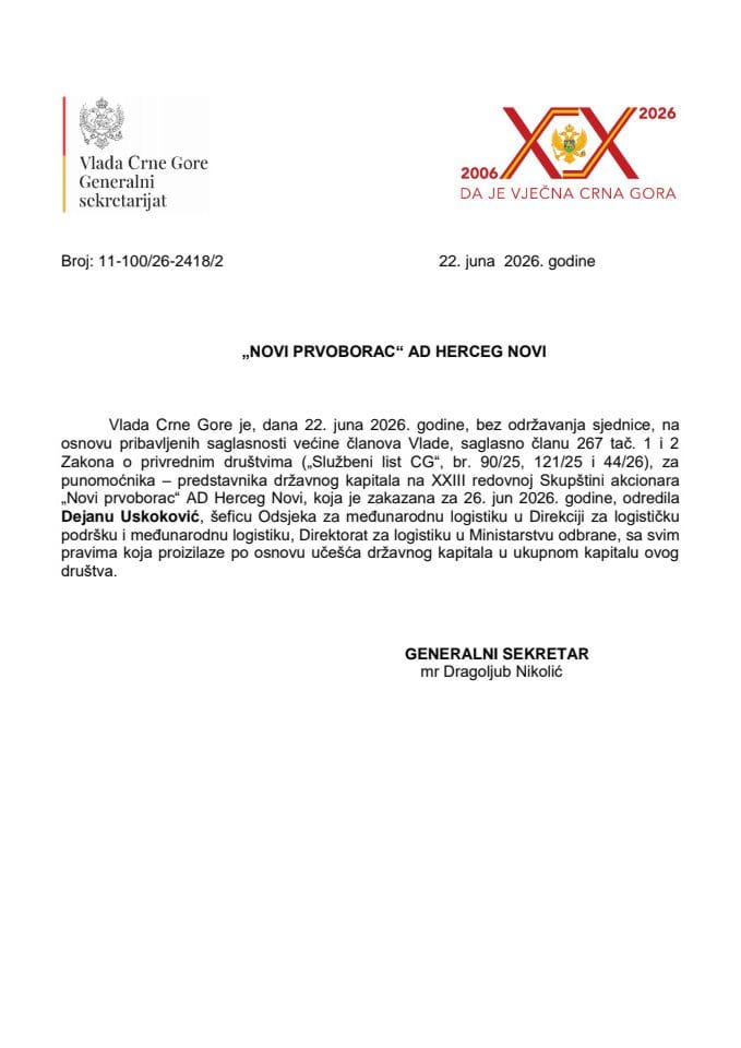 Predlog za određivanje punomoćnika – predstavnika državnog kapitala, na XXIII redovnoj Skupštini akcionara „Novi prvoborac“ AD Herceg Novi