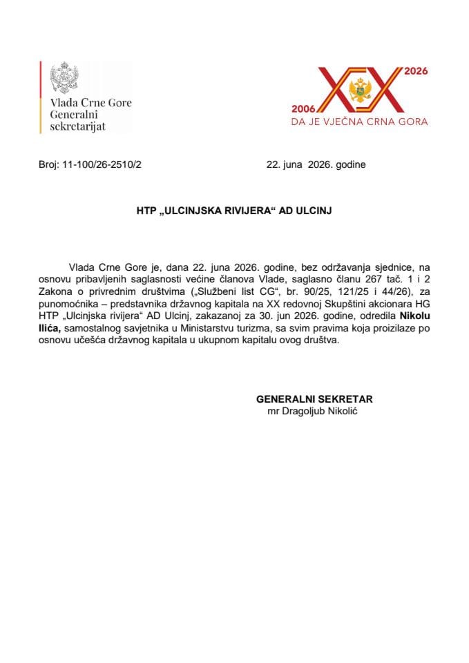 Predlogu za određivanje punomoćnika – predstavnika državnog kapitala na XX redovnoj Skupštini akcionara HTP „Ulcinjska rivijera“ AD Ulcinj