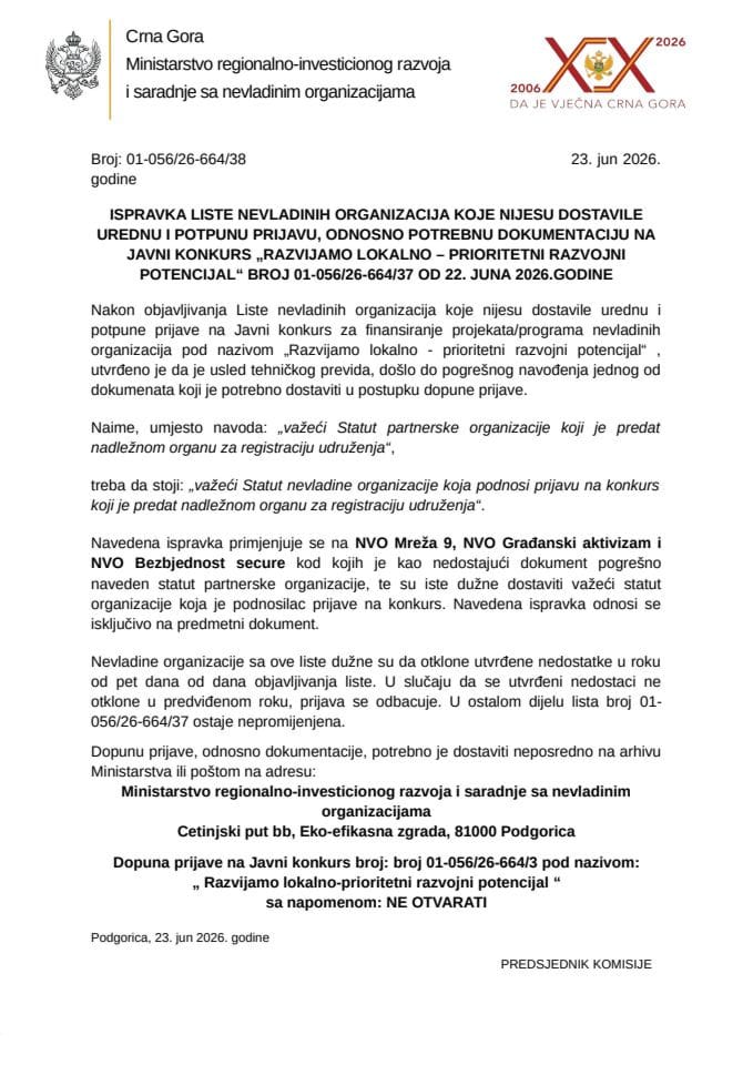 Ispravka liste NVO koje nijesu dostavile urednu i potpunu prijavu/dokumentaciju WORD