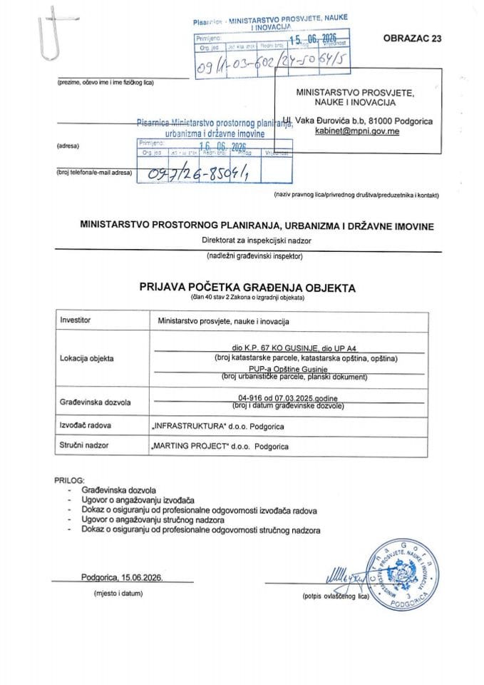 Prijava početka građenja objekta - 09-7-26-8504-1 MINISTARSTVO PROSVJETE, NAUKE I INOVACIJE