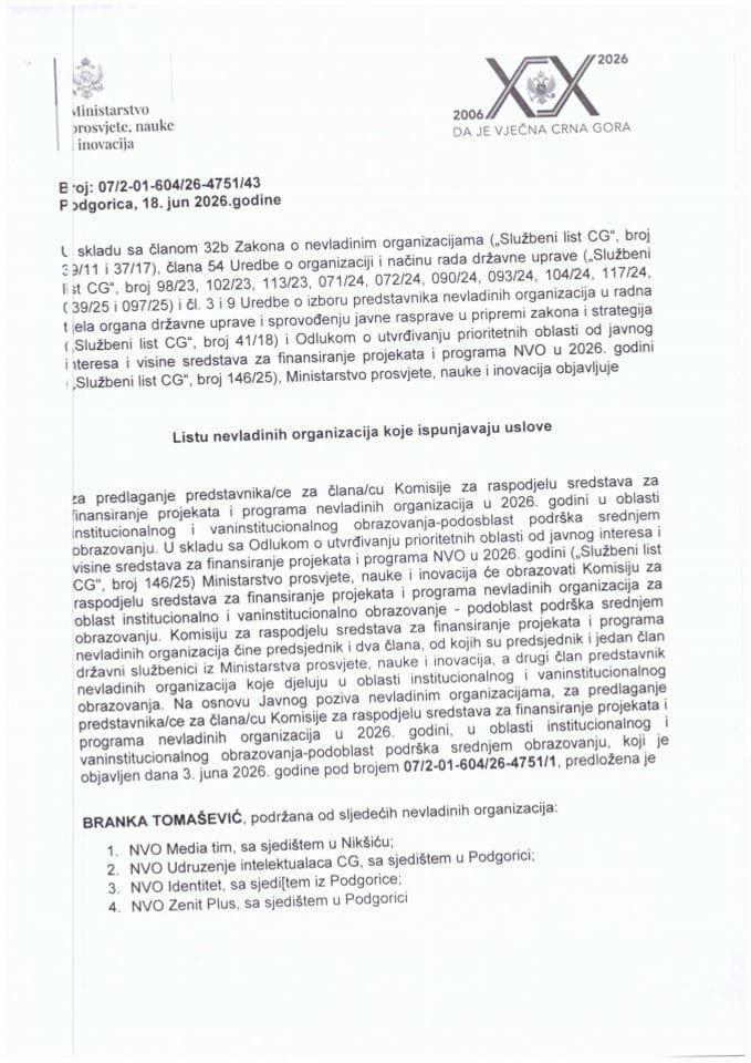 Lista NVO koje ispunjavaju uslove za predlaganje člana Komisije za finansiranje NVO u oblasti podrške srednjem obrazovanju