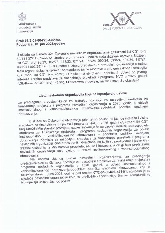 Lista NVO koje ne ispunjavaju uslove za predlaganje clana komisije za finansiranje NVO u oblasti podrške srednjem obrazovanju