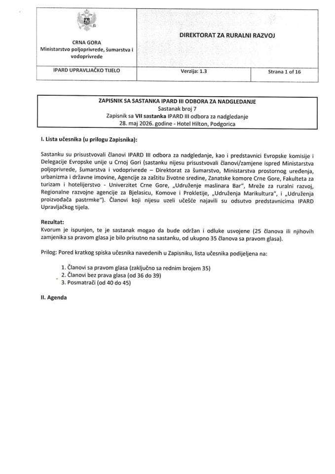MNE -ZAPISNIK SA  7 SASTANKA IPARD III ODBORA ZA NADGLEDANJE