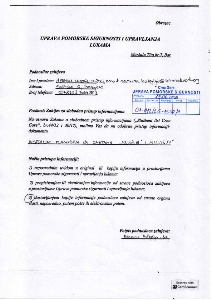 Zahtjev SPI br.01-012-26-1532-1 od 19.06.2026. Nermina Kuloglija Zol, jahte- Miloš III i Milos IV i Rjesenje 
