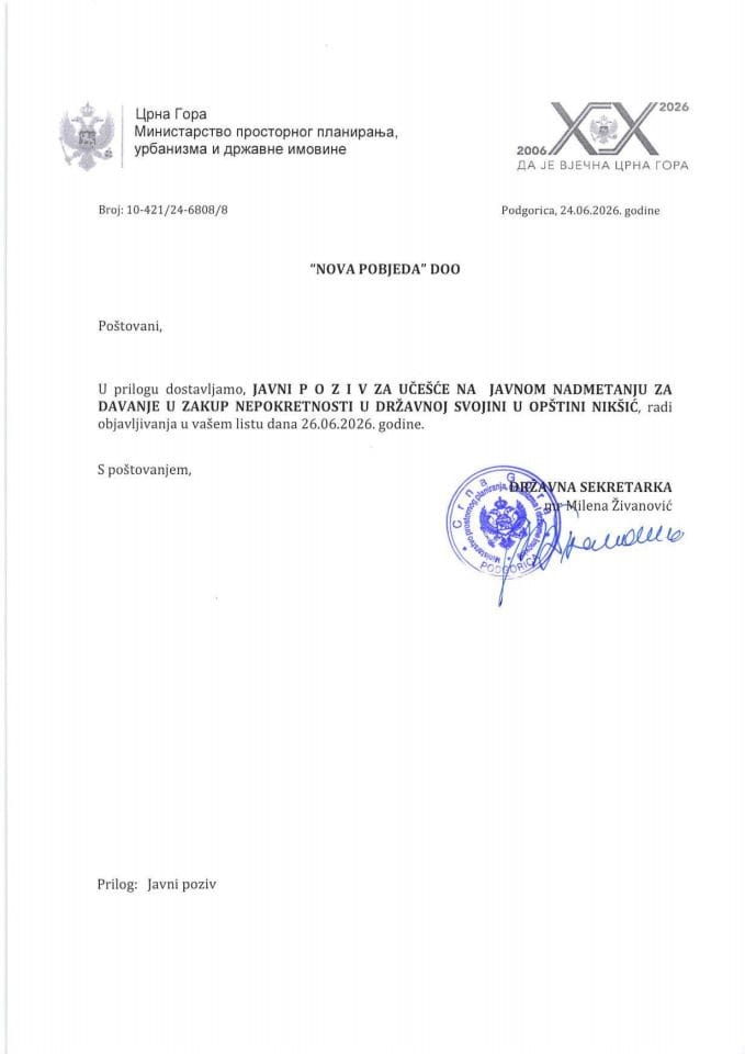 Javni poziv za davanje u zakup nepokretnosti KO Vir, Opština Nikšić