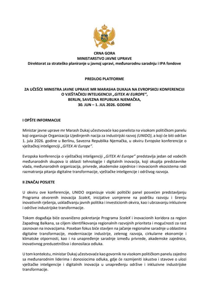 Predlog platforme za učešće ministra javne uprave mr Marasha Dukaja na Evropskoj konferenciji o vještačkoj inteligenciji „Gitex AI Europe“, Berlin, Savezna Republika Njemačka, 30. jun - 1. jul 2026. godine