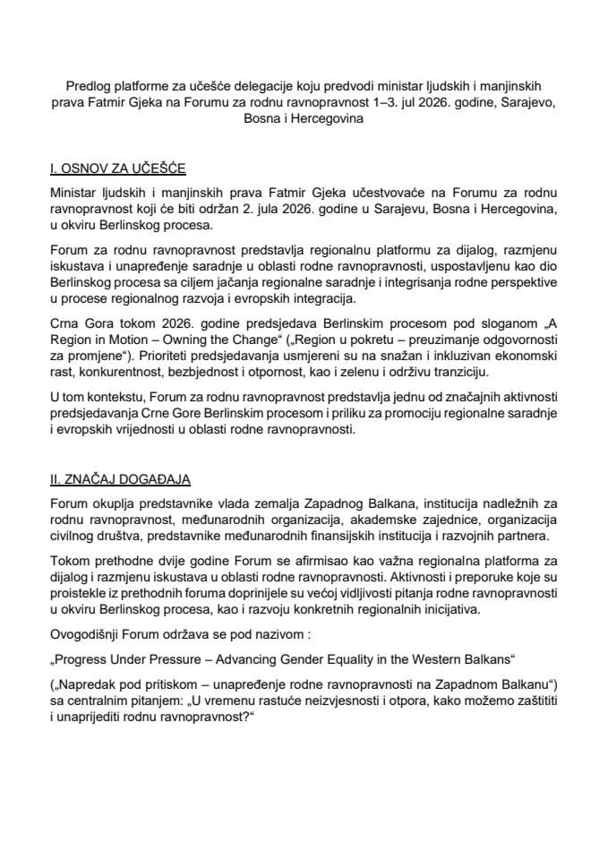 Predlog platforme za učešće delegacije koju predvodi ministar ljudskih i manjinskih prava Fatmir Gjeka na Forumu za rodnu ravnopravnost 1 - 3. jul 2026. godine, Sarajevo, Bosna i Hercegovina