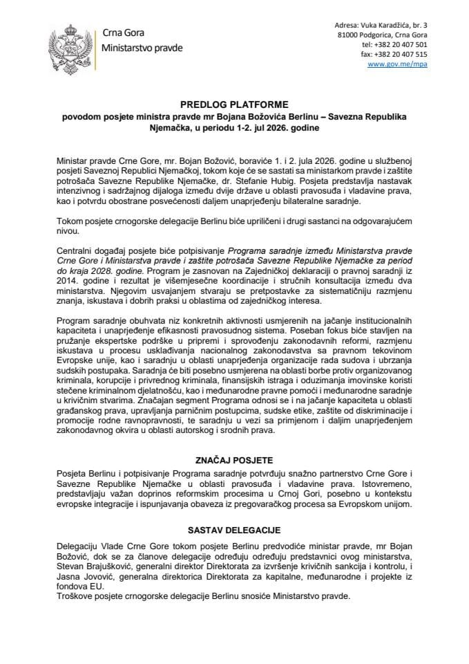 Predlog paltforme povodom posjete ministra pravde mr Bojana Božovića Berlinu - Savezna Republika Njemačka, u periodu 1-2. jul 2026. godine