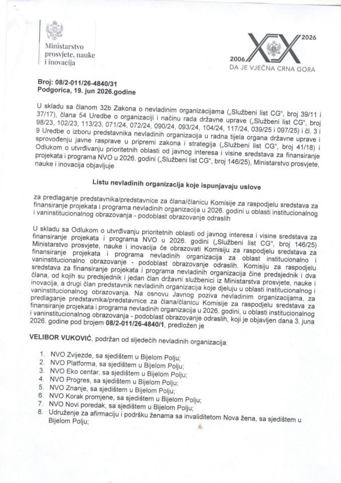 Листа невладиних организација које испуњавају услове