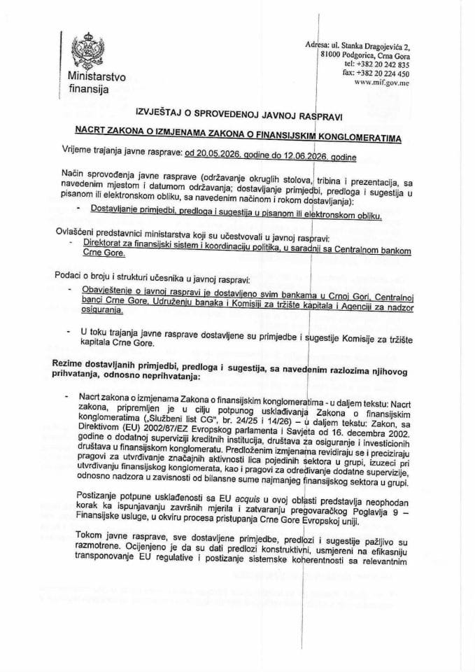 Извјештај о спроведеној јавној расправи - Нацрт закона о измјенама Закона о финансијским конгломератима