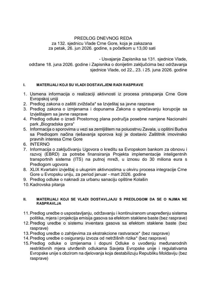 Предлог дневног реда за 132. сједницу Владе Црне Горе