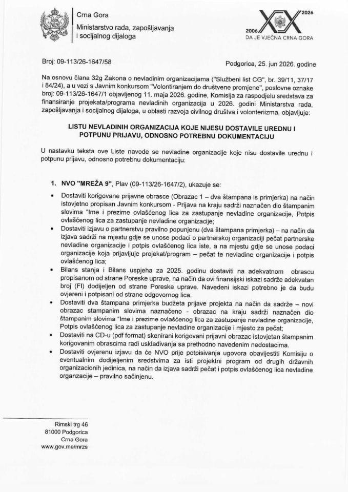 Lista NVO koje nijesu dostavile potrebnu dokumentaciju