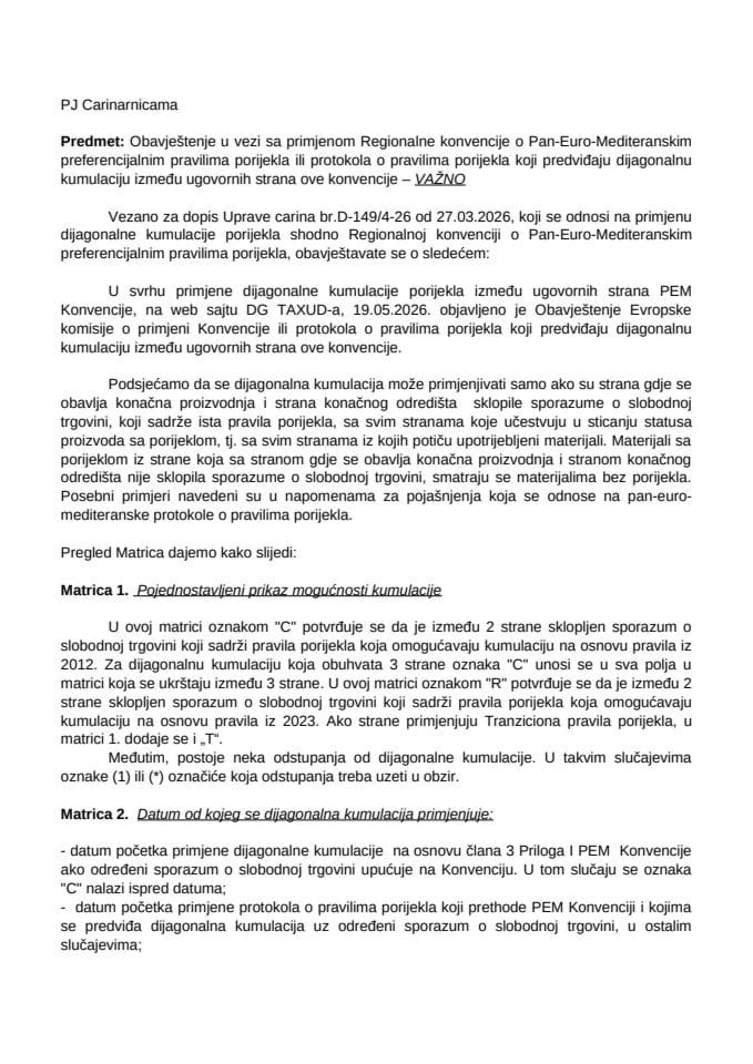 Obavještenje o primjeni dijag.kumulacije porijekla u PEM zoni na dan 29.05.2026