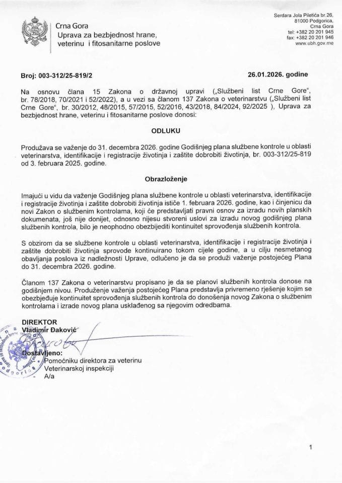 Odluka o produženju plana službenih kontrola - vet, IR životinja