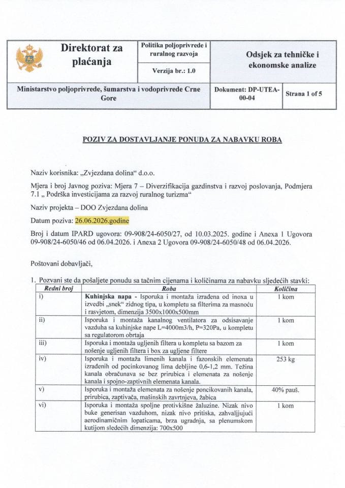 Poziv za dostavljanje ponude I