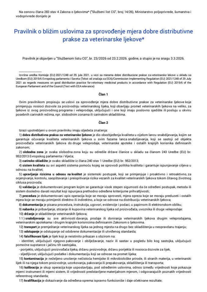 Pravilnik o bližim uslovima za sprovođenje mjera dobre distributivne prakse za veterinarske ljekove "Sl. list CG", br. 23/2026